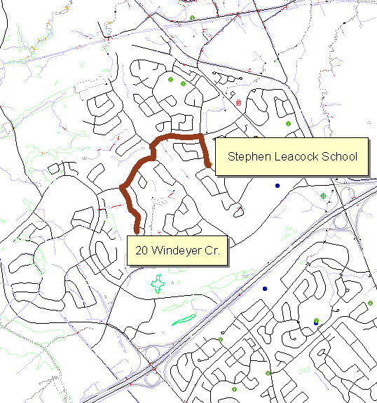[Closest Route from Stephen Leacock School to 20 Windeyer Cr.]